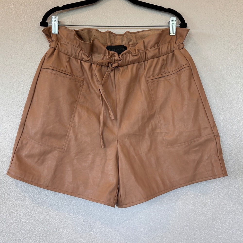 Kendall + KylieTan Faux Leather Paperbag Waist Shorts Women Size L Camel Hi Rise
